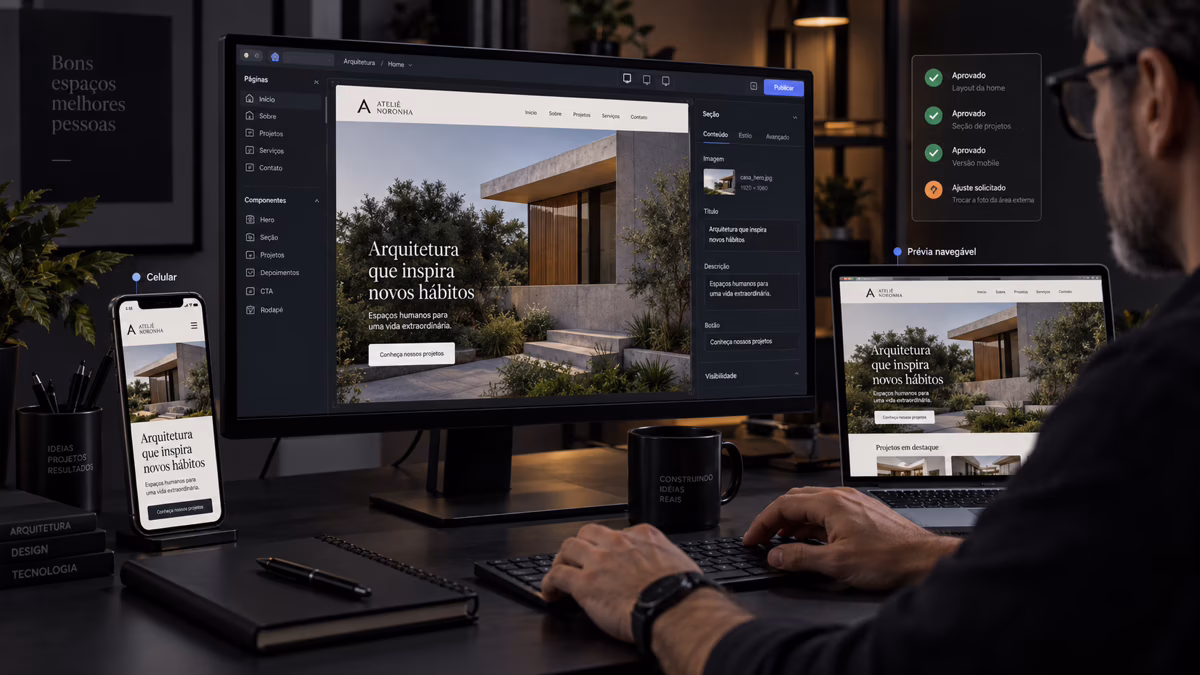 Designer desenvolve uma interface e compara a prévia responsiva em notebook e celular.