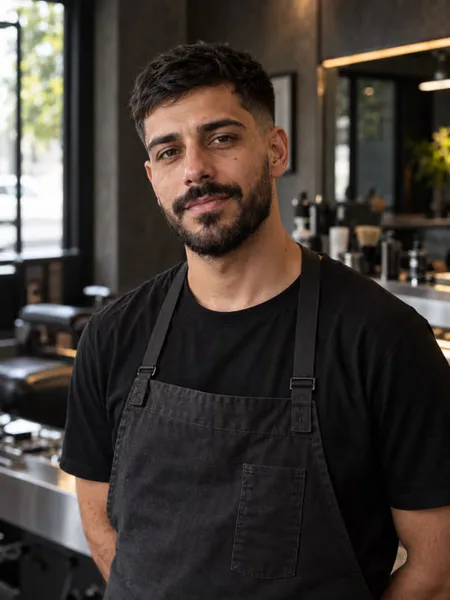 Retrato de Bruno Leal na peça sobre degradê e barba.