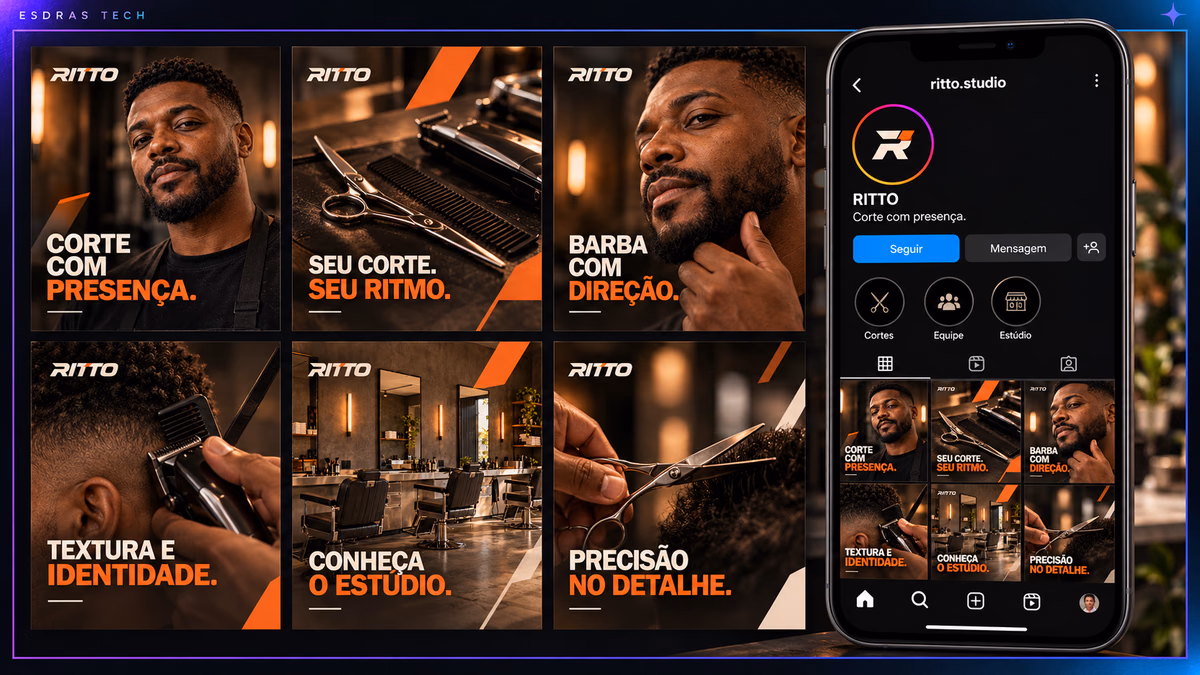 Arte do Instagram RITTO com seis posts coordenados, retrato de Davi, ambiente do estúdio e feed da marca.