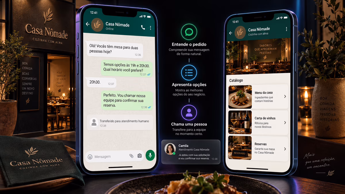 Casa Nômade’s assistant replies on WhatsApp, presents a catalog, and hands the reservation to a person.
