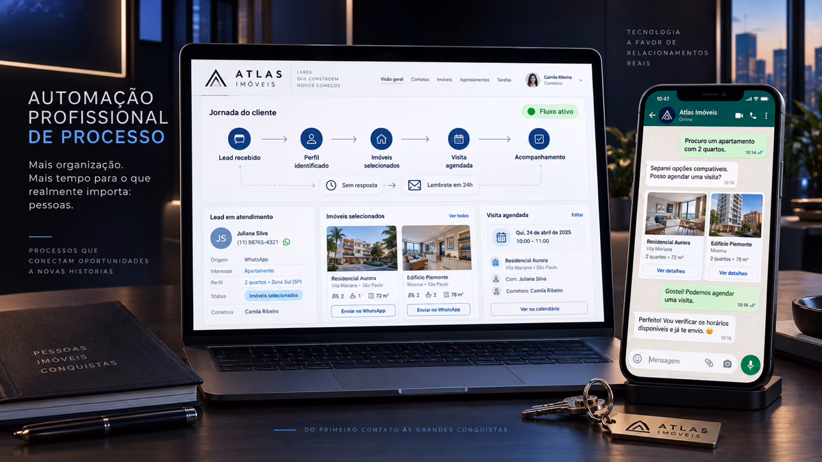 A fictional Atlas Imóveis workflow connects WhatsApp, lead profiling, property selection, a visit, follow-up, and a reminder.