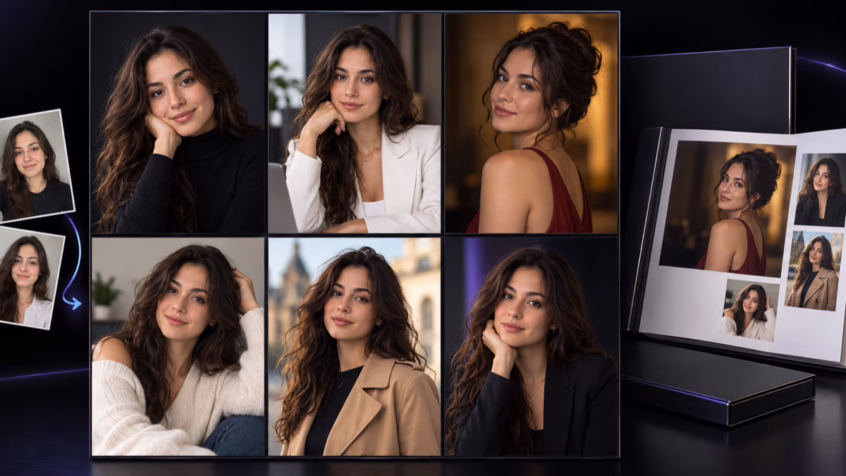 Portraits of the same fictional person, source photos, and an album form the photo session.
