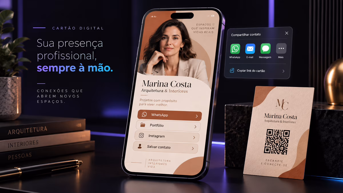 A digital card for fictional architect Marina Costa combines her portrait, services, contact actions, sharing, and a QR code.