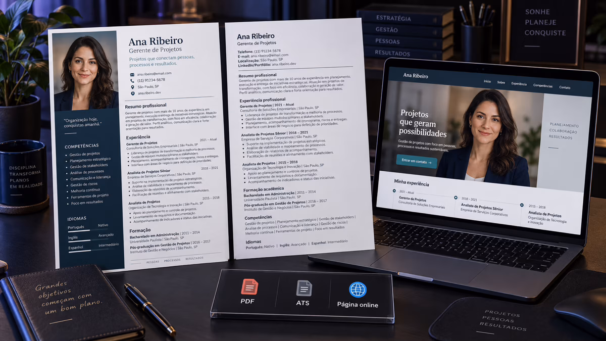 A fictional Ana Ribeiro package combines a designed PDF résumé, an applicant-system version, and a professional page.