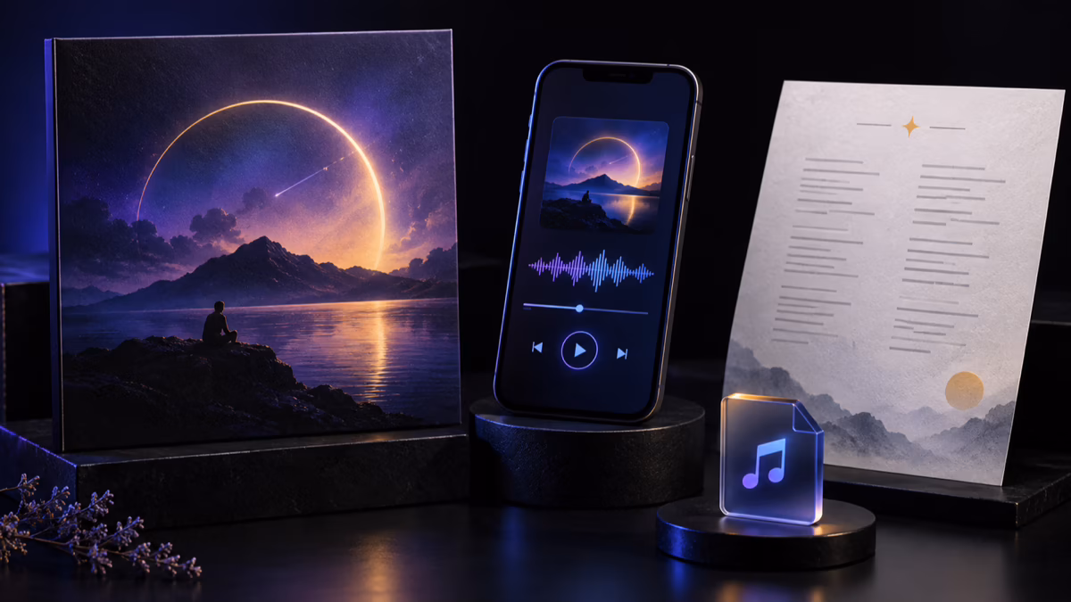 Cover art, an audio player, lyrics, and a file form the delivery of a custom song.