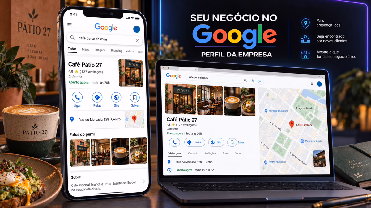 A fictional Café Pátio 27 profile appears in Google Search and Maps with photos, hours, location, and contact actions.