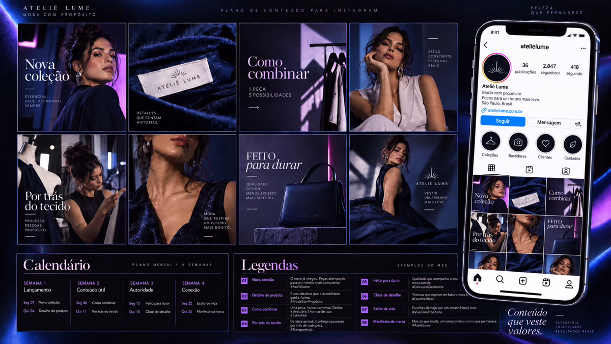 Fictional Ateliê Lume shows plausible profile counts, highlights, a three-column Instagram grid, its calendar, and captions.