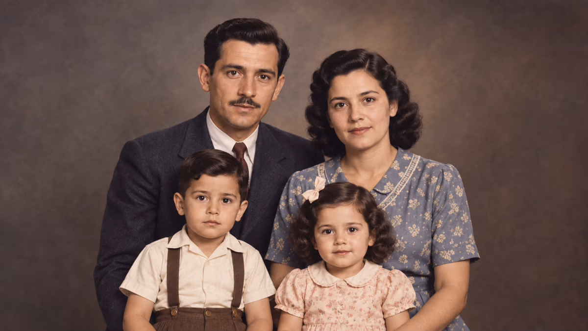 The same family portrait restored, clean, sharp, and colorized.