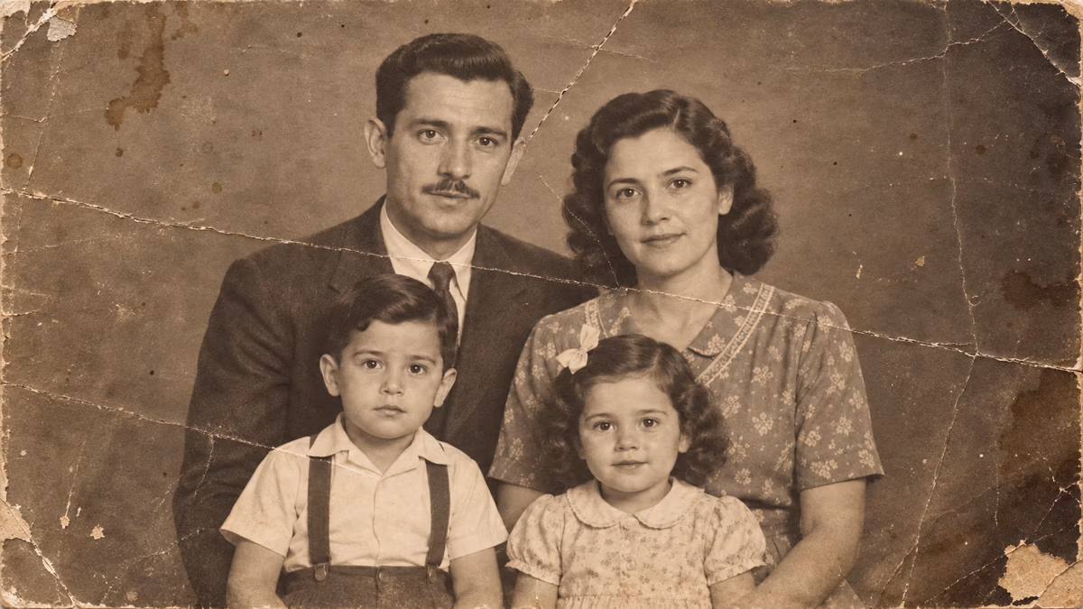 Old family portrait with stains, tears, scratches, and faded contrast.
